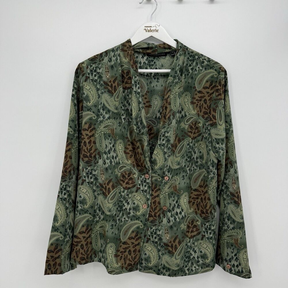 Impressions Green Multi Pattern Paisley Long Sleeve Blouse Top Button Size Med